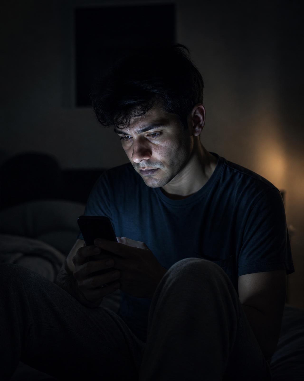 Homem jovem à noite, iluminado pela luz azul do celular